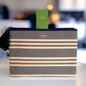 KATE SPADE NWT GIA POUCH BAG LARCHMONT AVE FABRIC STRIPE FRENCH NAVY